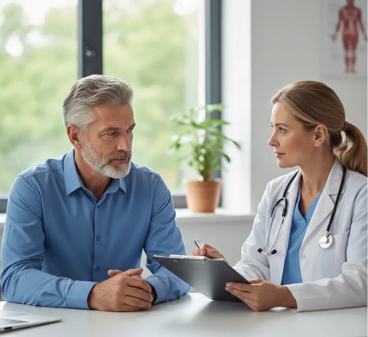 Older man discussing prostate symptoms with a female doctor during a health checkup.