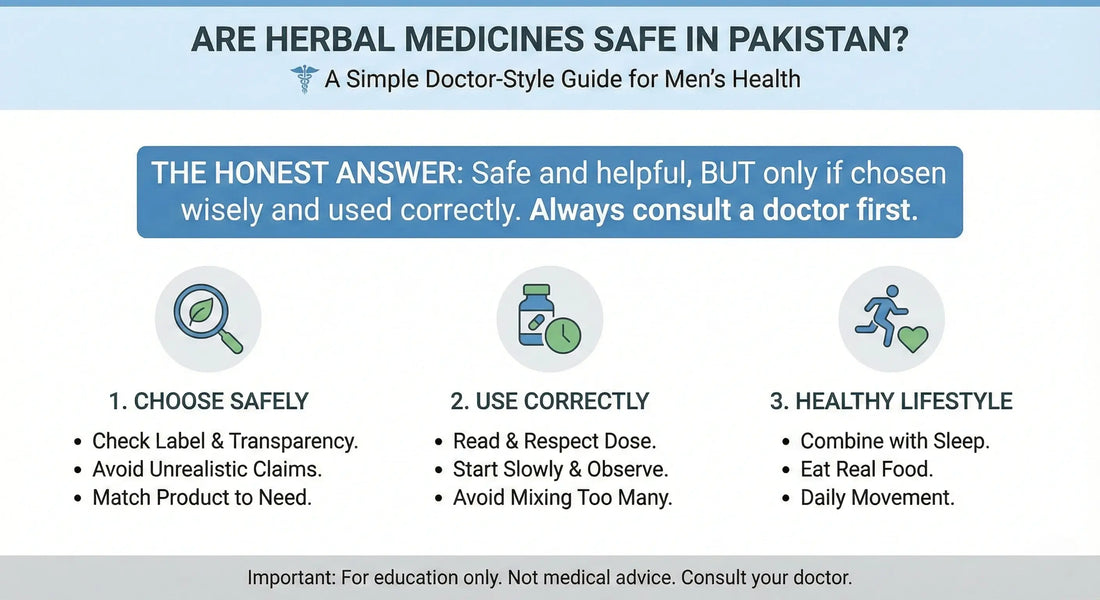 Are Herbal Medicines Safe in Pakistan?” showing a simple doctor-style guide for men’s health with three steps: choose herbal products safely, use them correctly, and combine them with a healthy lifestyle.