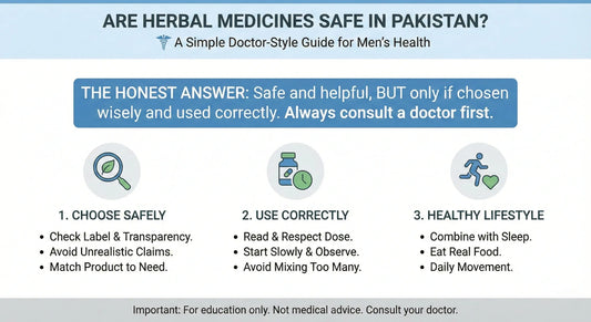 Are Herbal Medicines Safe in Pakistan?” showing a simple doctor-style guide for men’s health with three steps: choose herbal products safely, use them correctly, and combine them with a healthy lifestyle.