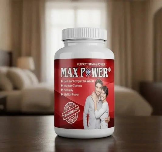 Max Power supplement bottle on a table with a blurred background