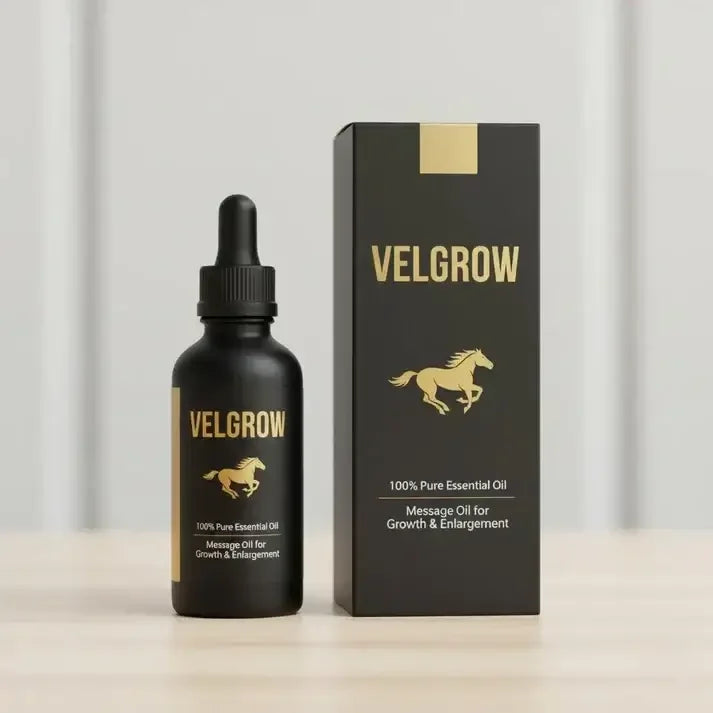 Velgrow massage oil for men's growth and enlargement, black bottle and box with horse logo